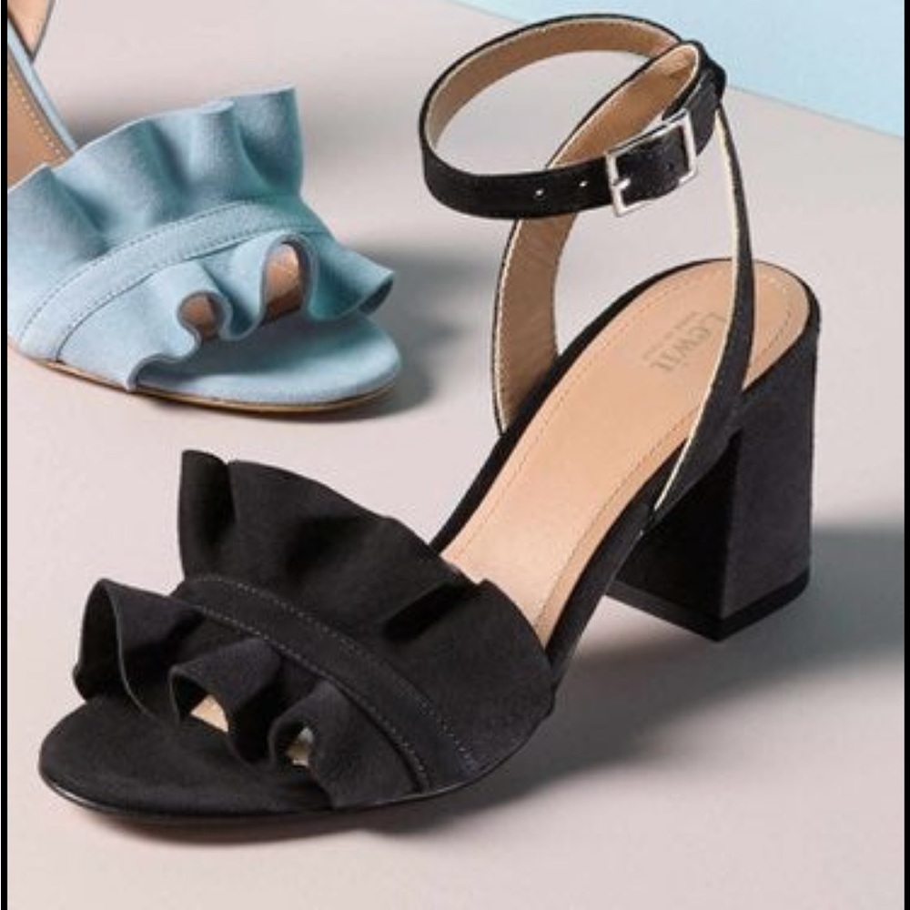 Lewit Lucina Sandals Ruffles Black Suede Ankle Strap Dressy Block Heel